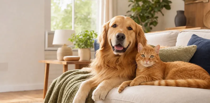 A golden retriever and orange tabby cat relaxing together in a warm home